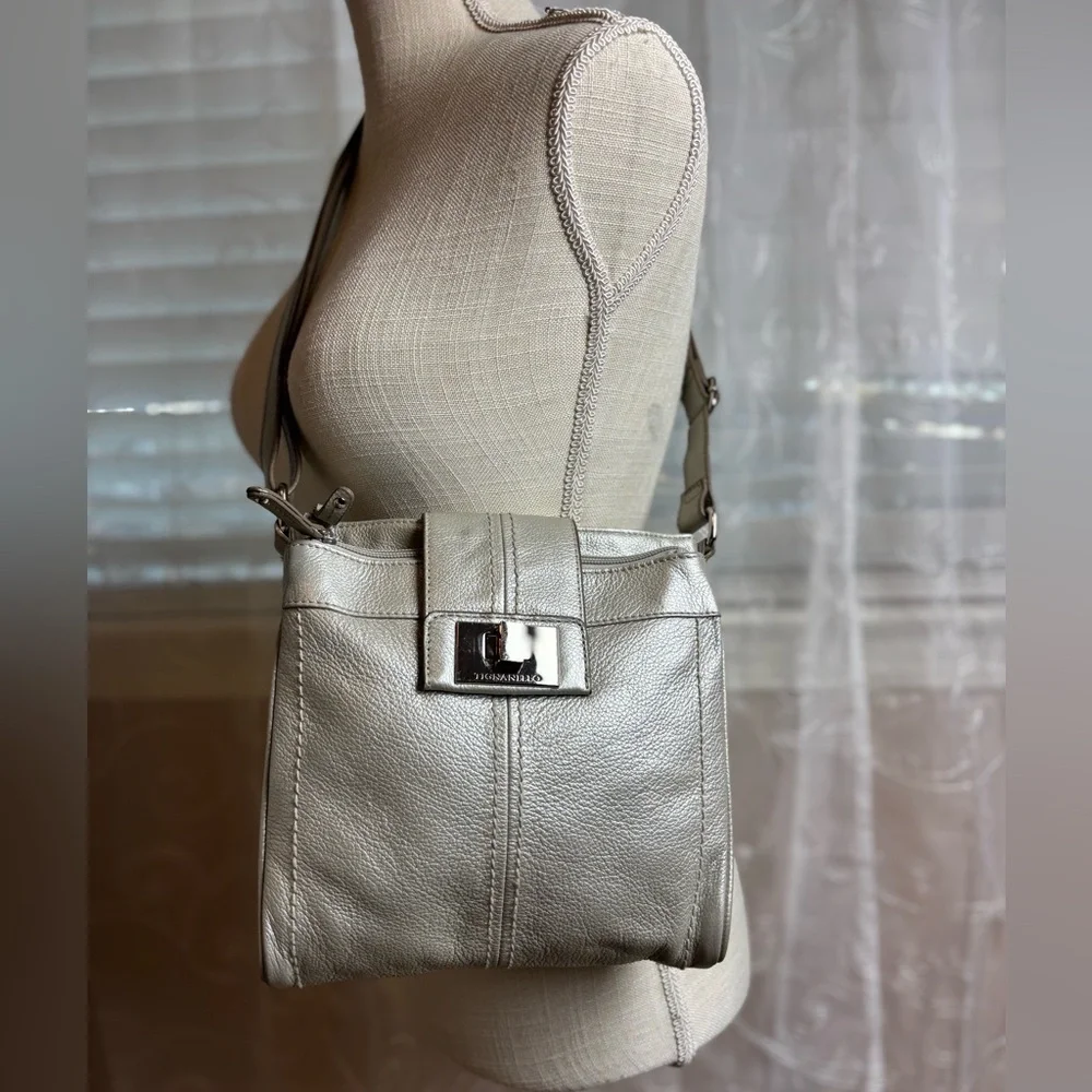 Tignanello Silver Metallic Leather Crossbody/Shoulder Purse